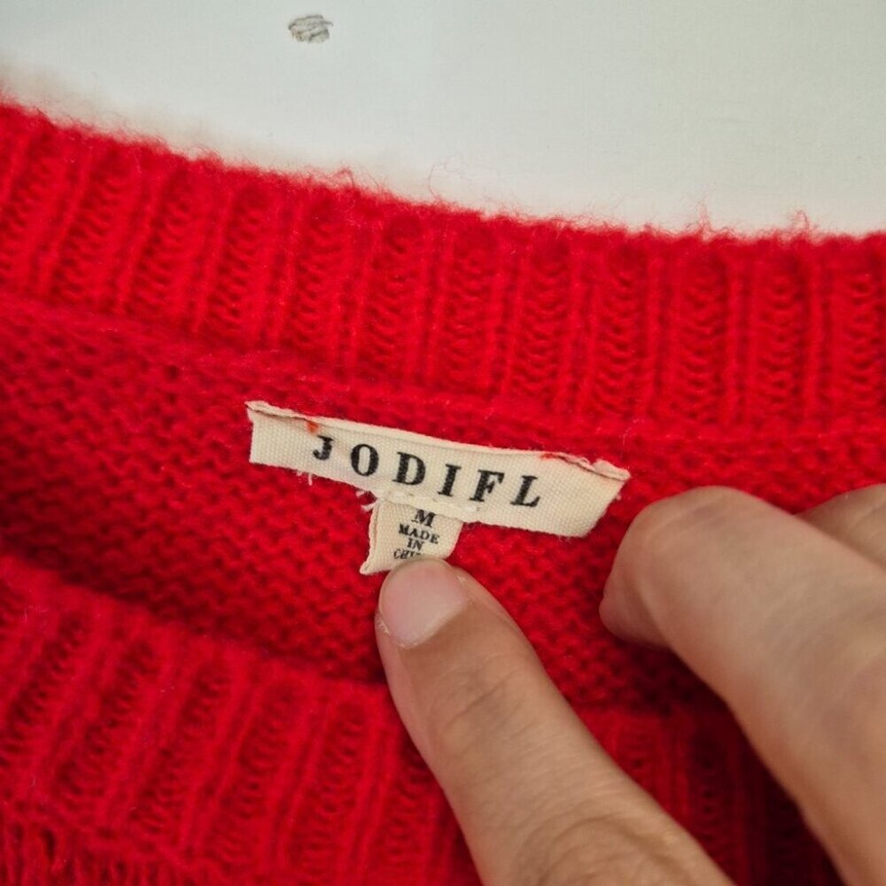 Jodifl Red Knit Sweater With Rainbow Striped Sleeves Womens Medium - Picture 2 of 4